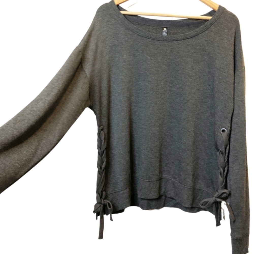 NWT 90 Degree Womens Dark Gray Lace Up Side Crew Neck Long Sleeve Sweatshirt Top - Picture 4 of 16